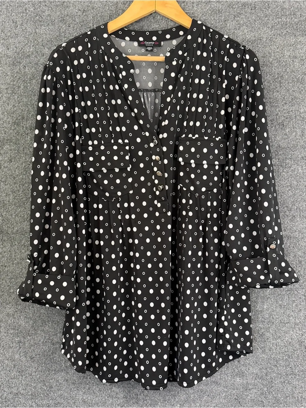 Cocomo Womens 2X Top Black White Dot Print 3/4 Sleeve Office Casual Stretch